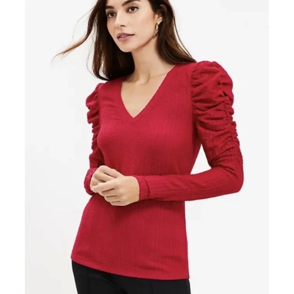 LOFT Red Textured V-Neck Top Ruched Puff Sleeve Blouse